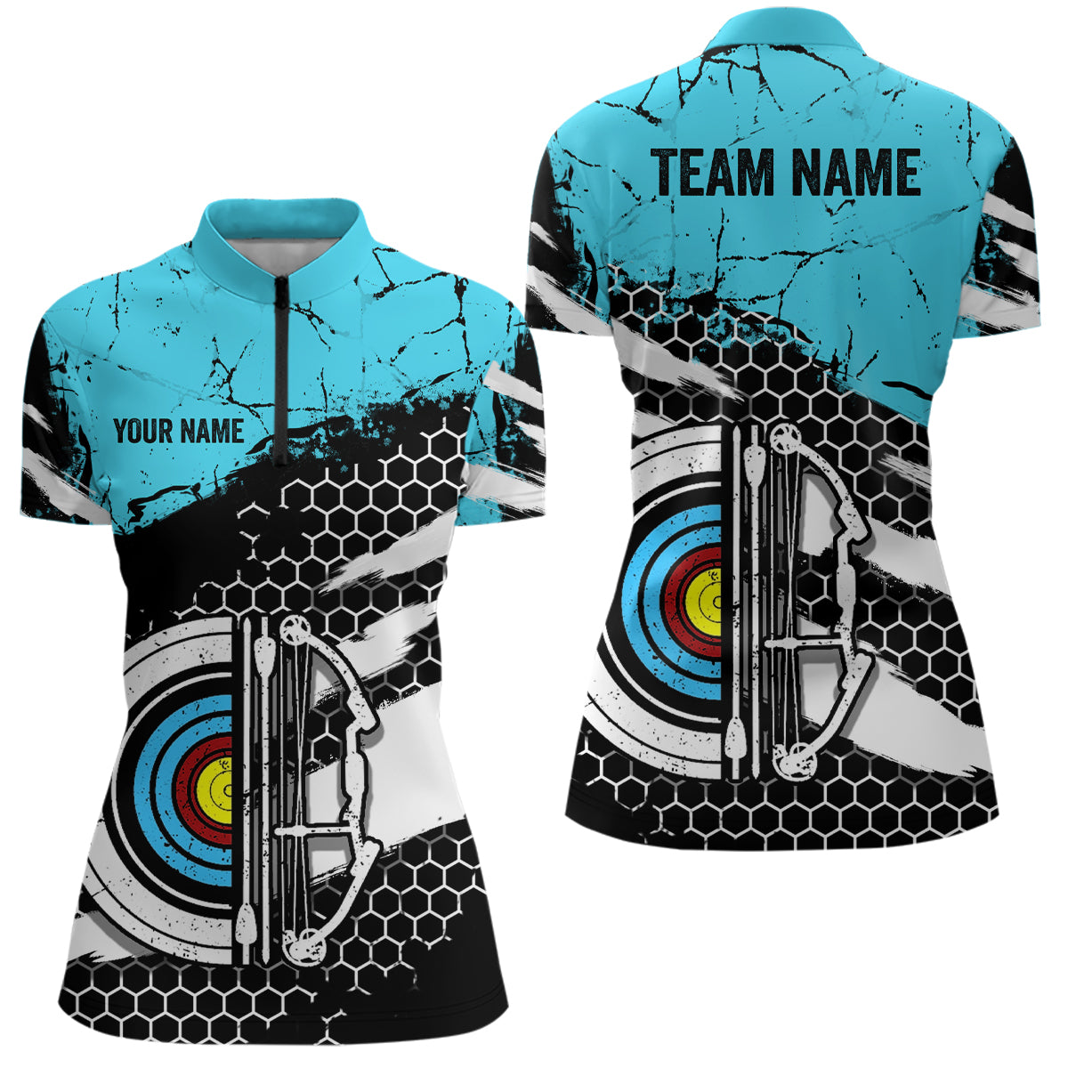Personalized Retro Blue Black Target Archery Quarter-Zip Shirts For Women Custom Archery Team Shirts VHM0642