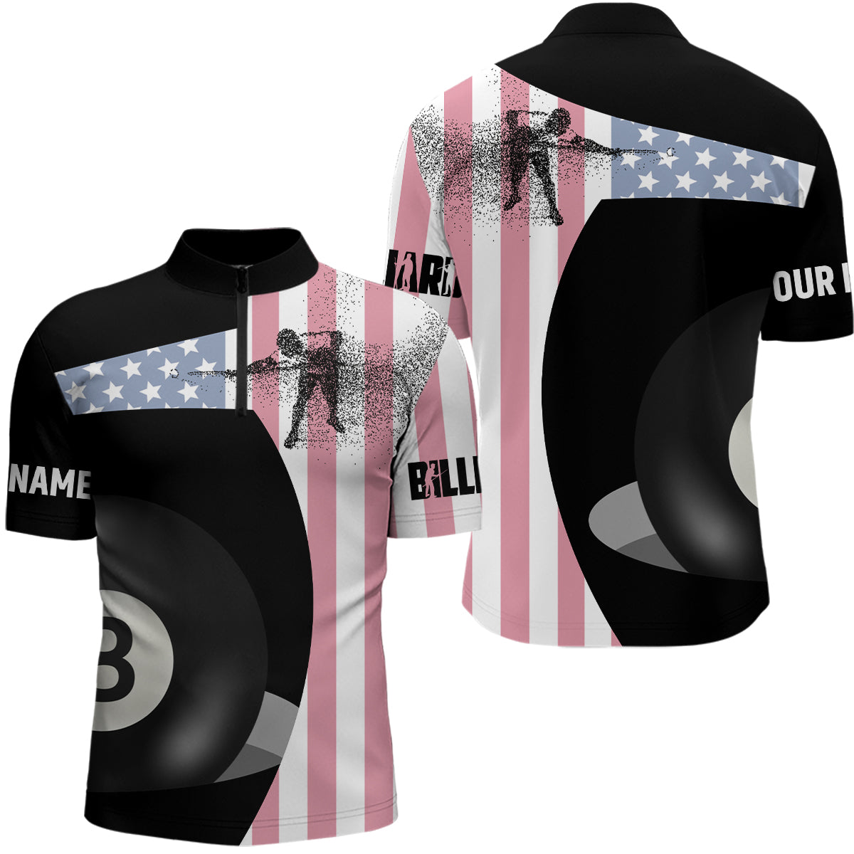 Personalized 8 Ball Pool US Flag Billiard Quarter-Zip Shirts For Men, Pool Player Billiards Jerseys VHM0539
