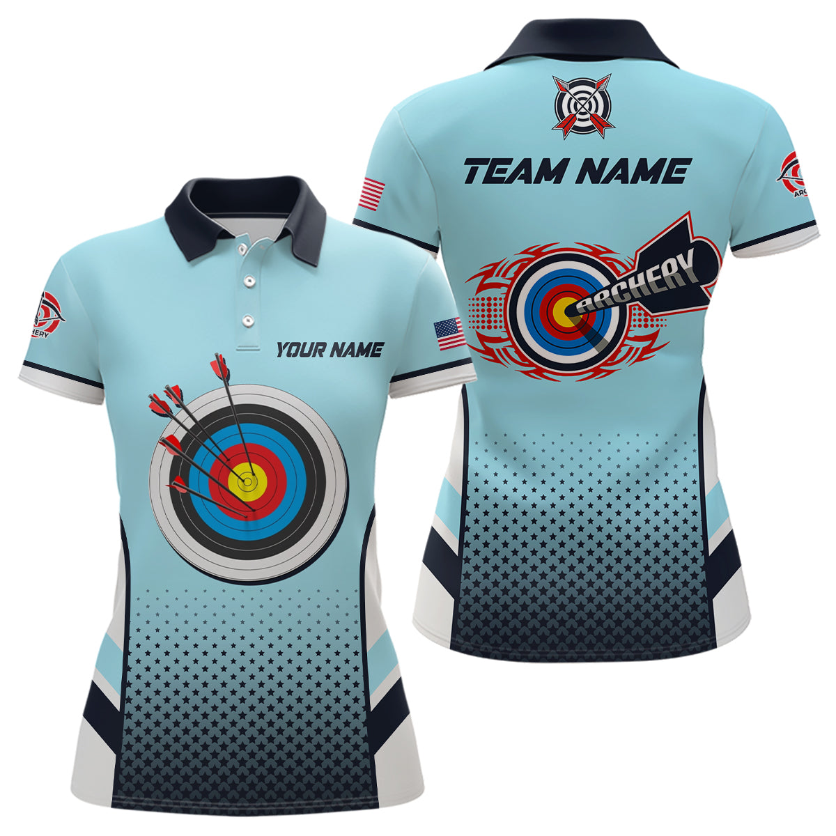 Personalized US Flag 3D Target Archery Polo Shirts For Women, Custom Blue Archery Jerseys VHM0586
