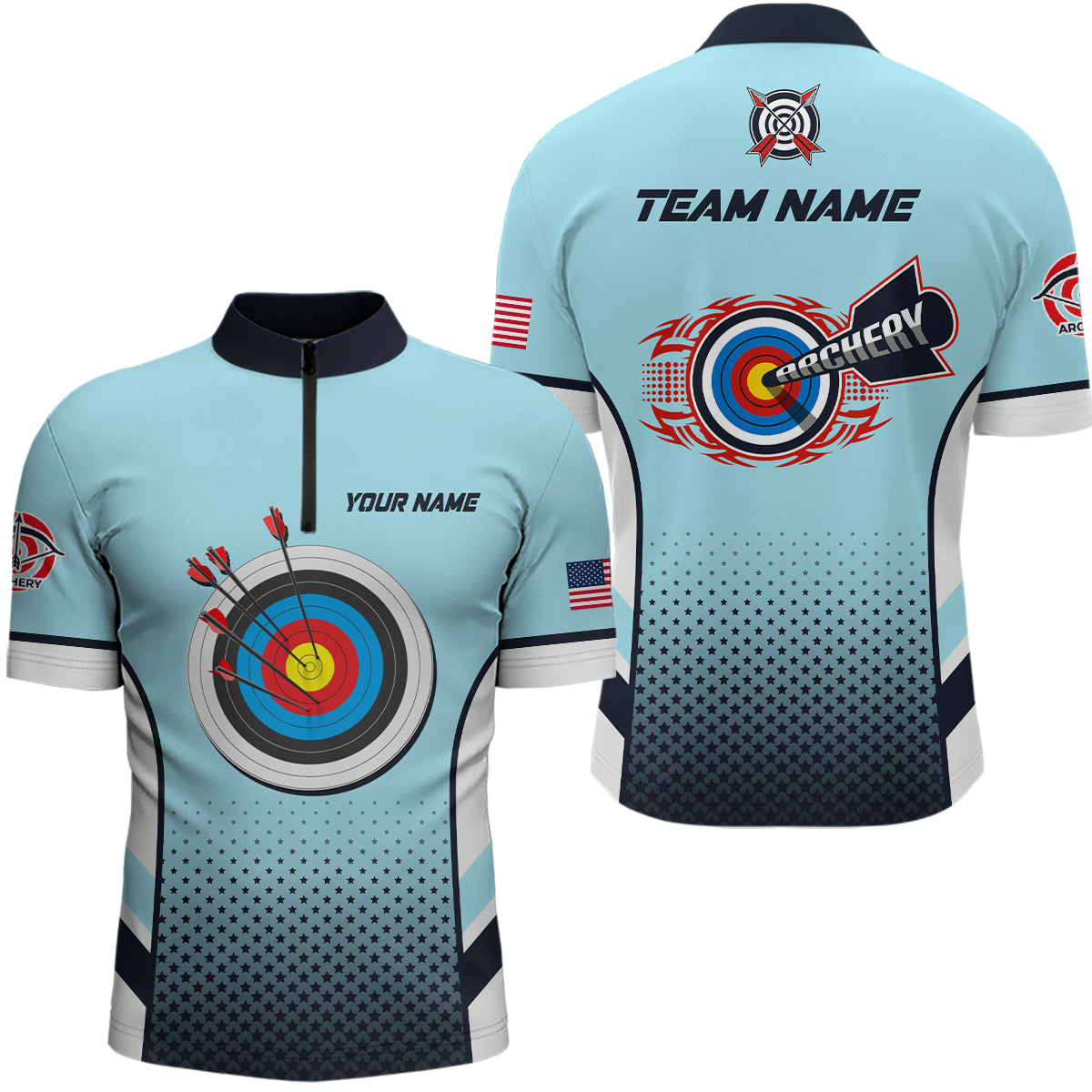 Personalized US Flag 3D Target Archery Quarter-Zip Shirts For Men, Custom Blue Archery Jerseys VHM0586