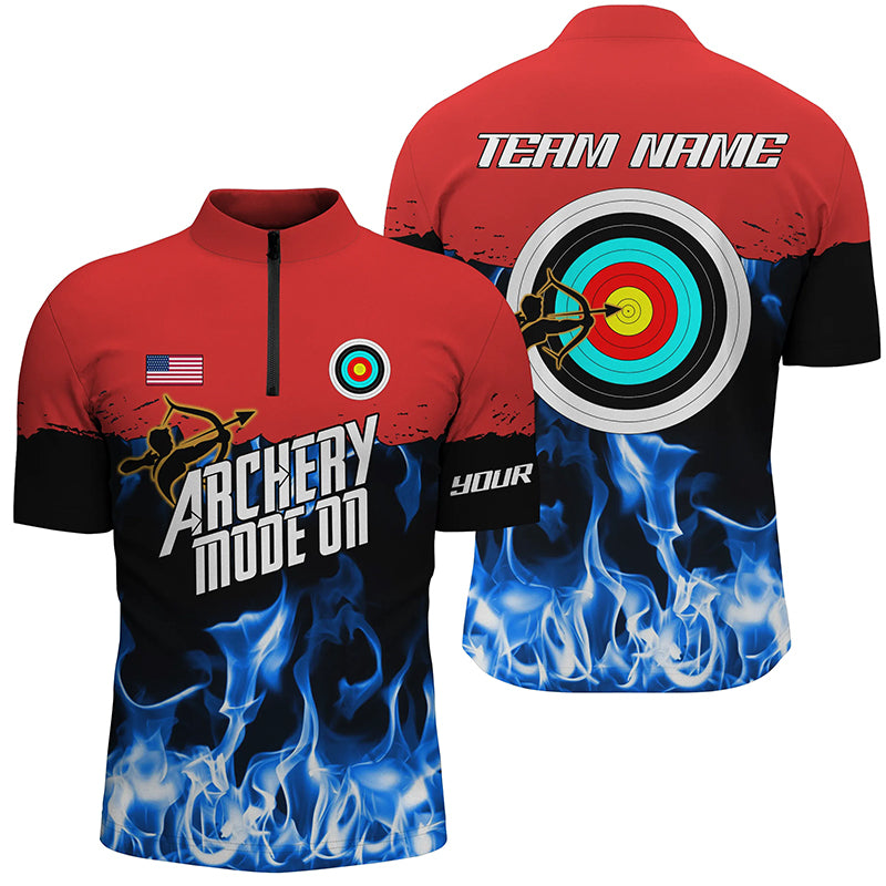 Personalized Red Blue Flame Archery Mode On Men Quarter-Zip Shirts, Archery 3d Team Shirts TDM0516