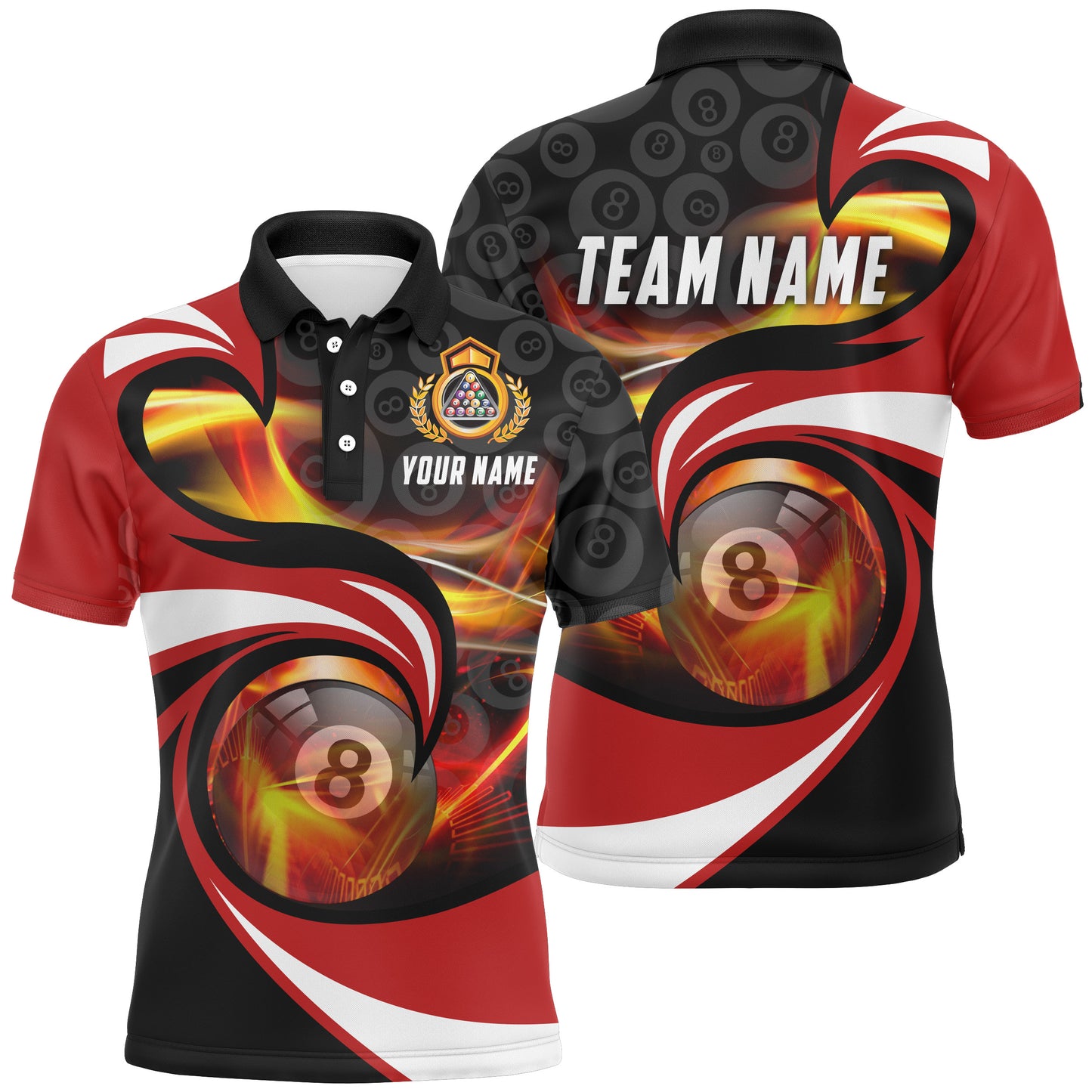 Black Red 8 Ball Billiard Personalized Polo Shirts For Men, Best Billiards Team Pool Player Gifts TDM0206