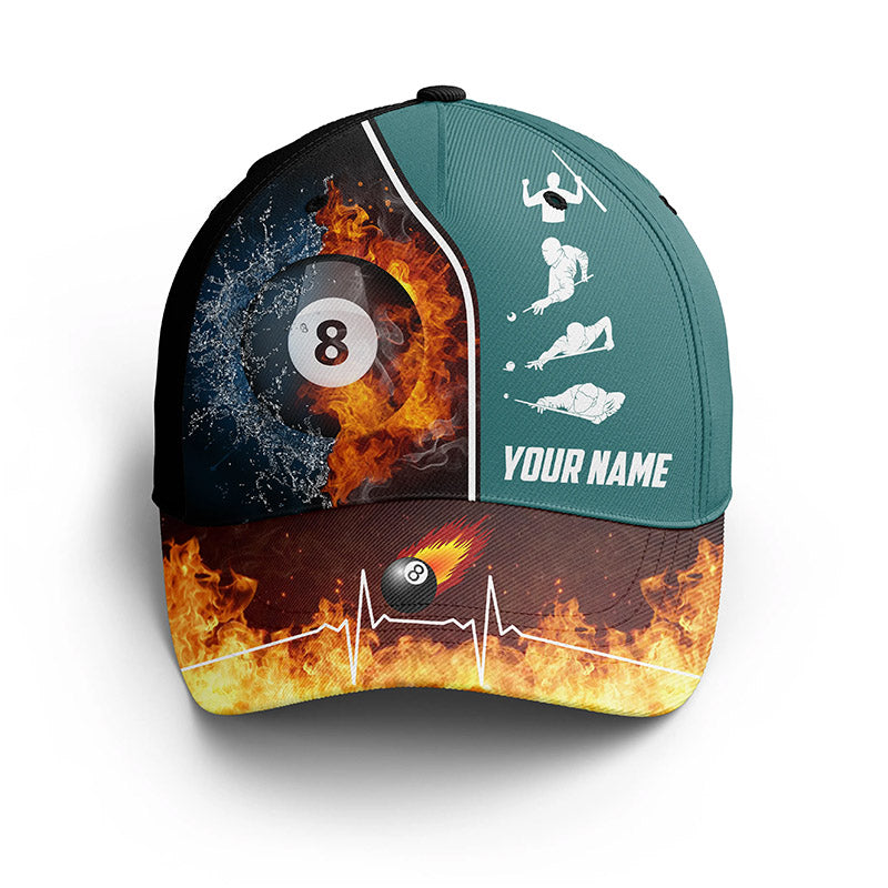 Billiard Fire And Water Custom Name 3D Caps, Best Custom Billiard Pool Game Hats For Pooler TDM0213