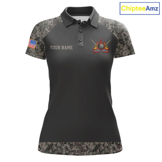 Personalized retro camo US flag patriotic 8 ball pool billiard team jersey polo shirt for women, custom pool league apparel and tournament jersey.