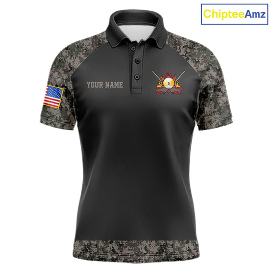 Personalized retro camo US flag patriotic 9 ball pool billiard team jersey polo shirt for men, custom pool league apparel and tournament jersey.