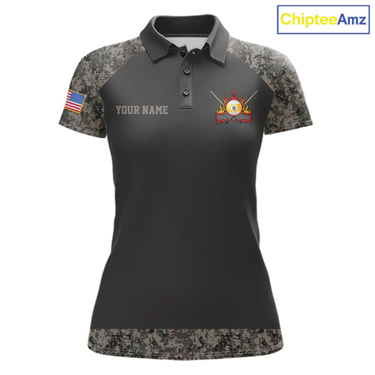 Personalized retro camo US flag patriotic 9 ball pool billiard team jersey polo shirt for women, custom pool league apparel and tournament jersey.
