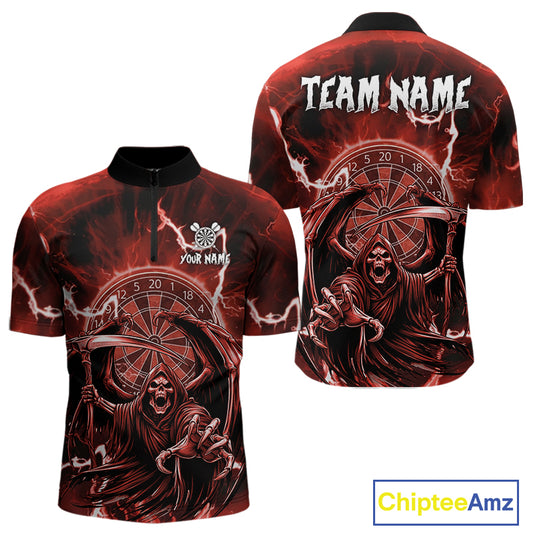 Red Grim Reaper Lightning 3D Darts Shirt For Men Custom Darts Jersey Team Polo & 1/4 Zip TDM4953