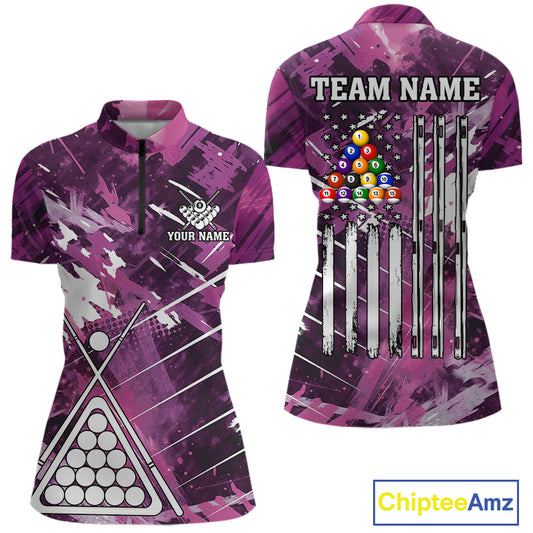 Purple Grunge US Flag Billiard Shirt For Women Custom 8 Ball Pool Team Shirt, Billiard Jersey TDM4969