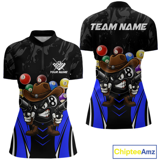 Black And Blue Funny 8 Ball Billiard Shirt For Women Custom Pool Team Shirts, Billiard Jersey Outfit TDM5407