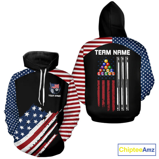 Black Grunge American Flag Billiard Hoodie Custom Patriotic 8 Ball Hoodie Pool Team Jersey TDM5688