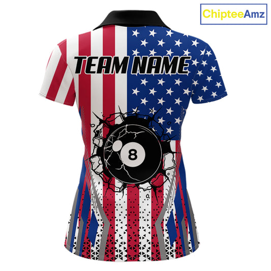 Funny Break 8 Ball Pool Billiard Shirt For Women Custom American Flag Pool Jersey Team Polo, 1/4 Zip TDM6036