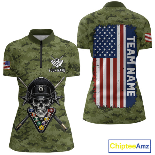 Personalized Military Green Camo Skull Billiard Shirt For Men, Patriotic US Flag Pool Team Jersey TDM5167