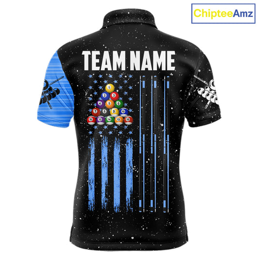Custom Grunge American Flag 8 Ball Billiard Polo & 1/4 Zip For Men, Pool Team Jersey |Blue TDM5902