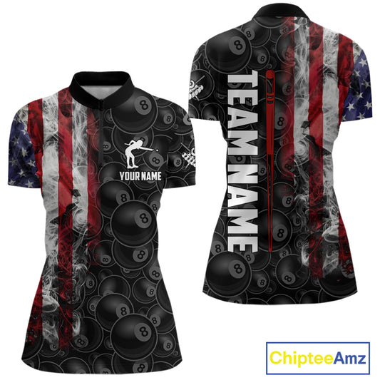 Personalized Smoke American Flag 8 Ball Billiard Shirts For Women Custom Patriotic Pool Team Jerseys TDM5430