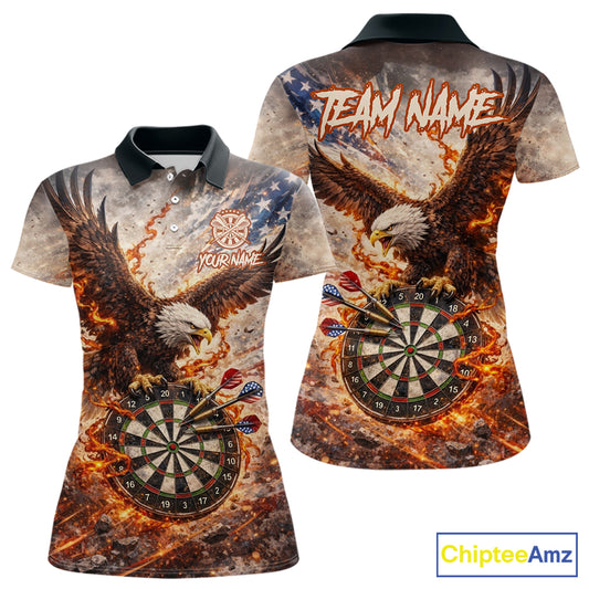 Personalized Grunge Fire Eagle Darts Shirt For Women, Patriotic Darts Jersey Team Polo & 1/4 Zip TDM5911