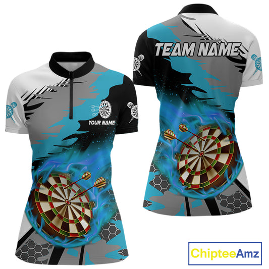 Blue Dartboard Fire Flame Paint Splash Dart Shirt Polo & 1/4 Zip For Women Custom Dart Team Jersey TDM4174