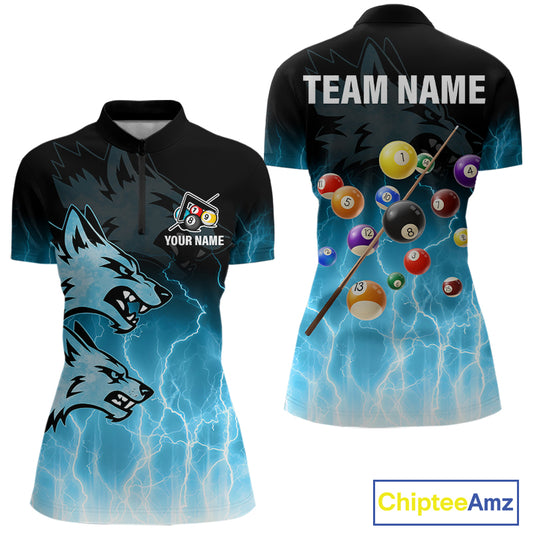 Custom Billiard Shirt For Women – Blue Thunder Lightning Wolf Pool Balls Team Jersey Polo & 1/4 Zip TDM4558