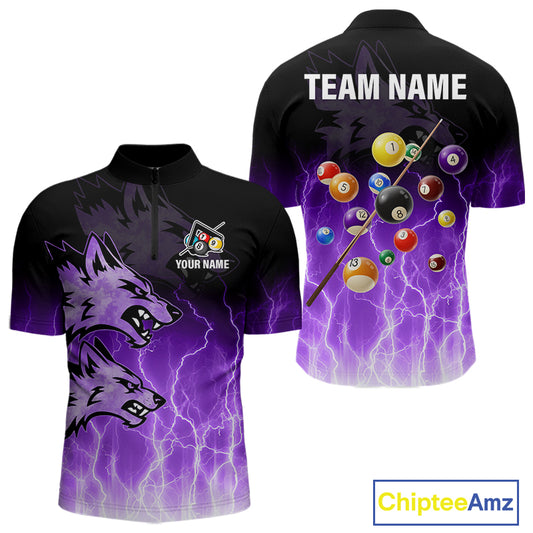 Custom Billiard Shirt For Men, Purple Thunder Lightning Wolf Pool Balls Team Jersey Polo & 1/4 Zip TDM4559