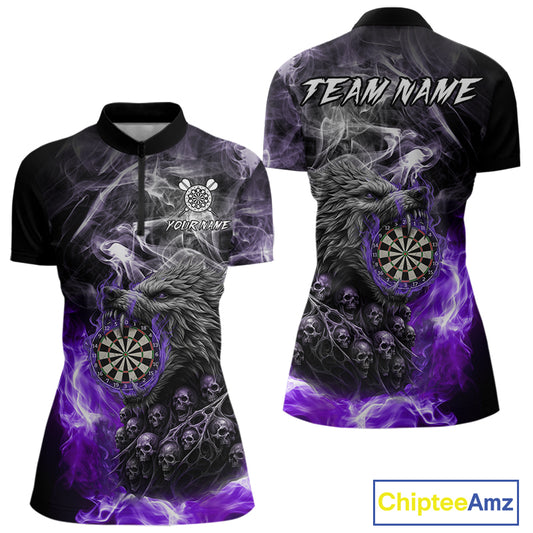 Personalized Wolf And Skull Smoke Purple Womens Dart Shirts Custom Dart Jerseys Team Polo & 1/4 Zip TDM5184