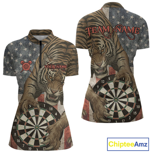 Personalized Vintage American Flag Tiger Darts Shirt For Women, Patriotic Dart Team Jerseys TDM5189