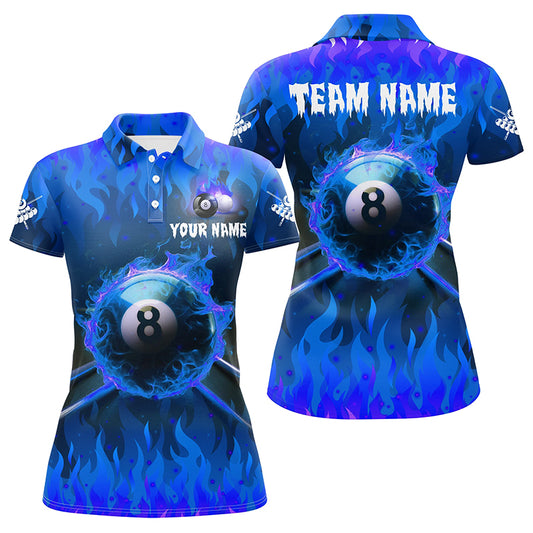 Personalized Blue 8 Ball Fire Flame Billiard Shirt For Women, Pool Team Jersey Polo & 1/4 Zip TDM1434