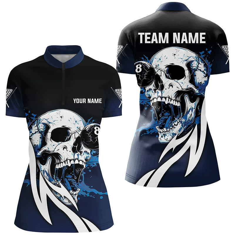 Funny Blue Billiard Skull 8 Ball Pool Custom Women Polo & Quarter-Zip Shirts, Billiard Team Jerseys TDM1805
