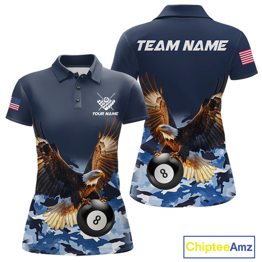 Blue camo eagle 8 ball billiard pool team jersey polo shirt for women featuring blue camouflage artwork with a detailed eagle design, premium custom billiard league apparel for tournaments and league competition.