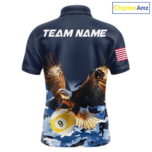 Blue camo eagle 8 ball and 9 ball pool billiard team jersey polo shirt for men featuring blue camouflage artwork with a powerful eagle, premium custom pool league apparel for tournaments and team competition.