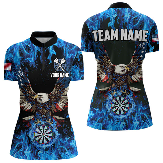 Blue Flaming American Flag Eagle Custom 3D Dart Shirts For Women, Patriotic Darts Team Jersey TDM3556