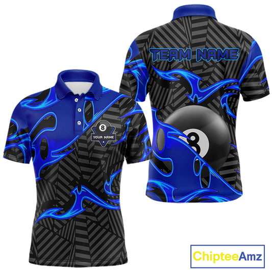 Custom Black And Blue 8 Ball Tribal Flame Billiard Shirt For Men, Pool Team Jersey Polo & 1/4 Zip TDM5724