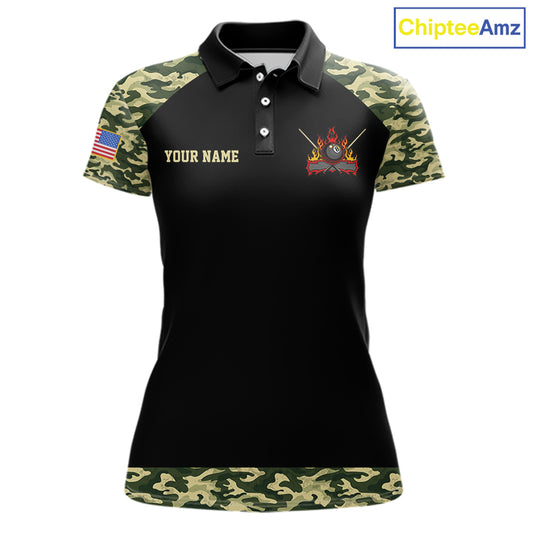 Personalized Green Camo US Flag Billiard Shirt For Women Custom Pool Team Jersey Polo & 1/4 Zip TDM6337