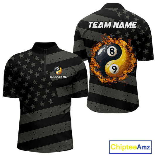 Black US Flag Yin-Yang 8 Ball & 9 Ball Custom Billiard Shirts For Men, Billiard Team Jersey TDM5460