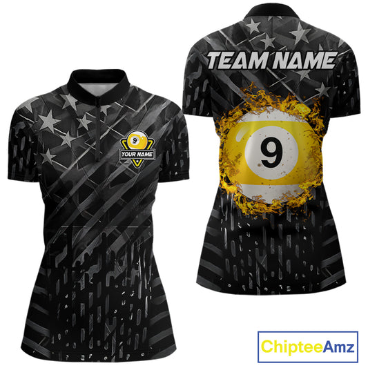 Black US Flag 9 Ball Fire Billiard Shirt For Women Custom Pool Team Billiard Jersey Polo & 1/4 Zip TDM5461