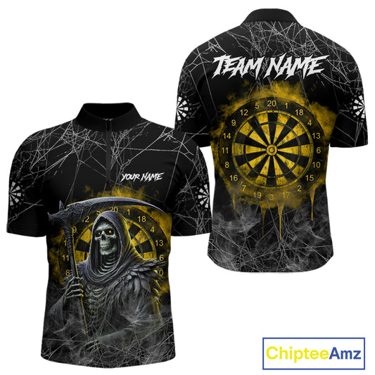 Black And Yellow Smoke Grim Reaper Dart Shirts For Men Custom Halloween Darts Jersey Outfit TDM4591