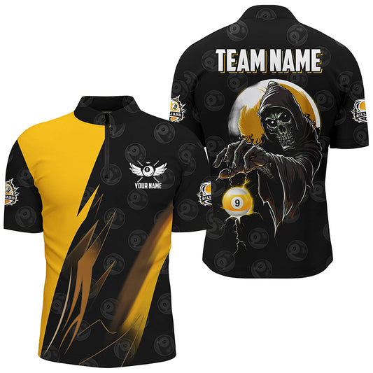 Personalized Yellow Black Grim Reaper 9 Ball Billiard Shirts For Men, 9 Ball Pool Team Jerseys TDM2503