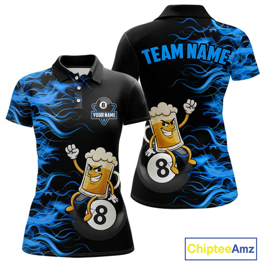 Blue Flaming Funny Beer 8 Ball Billiard Shirt For Women Custom Pool Team Jersey Polo & 1/4 Zip TDM5937
