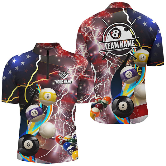 Personalized Billiard Balls American Flag Lightning Men Billiard Shirts, Patriotic Billiard Jerseys TDM2043