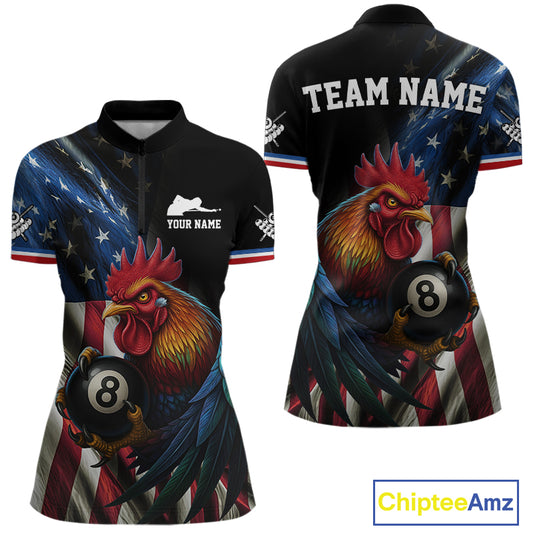 American Flag Rooster 8 Ball Women Billiard Polo & 1/4 Zip Custom Patriotic Team Billiard Jersey TDM5238