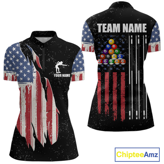 Personalized Grunge American Flag Women's Billiard Shirt, Patriotic Pool Team Shirt Polo & 1/4 Zip TDM5242