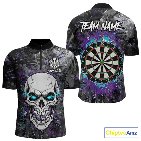 Blue Purple Grunge Skull Darts Polo & 1/4 Zip For Men Custom Darts Team Jersey, Funny Darts Gifts TDM5504