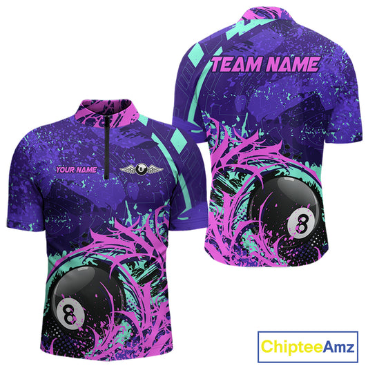 Personalized 8 Ball Billiard Shirt For Men | Neon Purple, Pink & Teal Paint Funny Pool Team Jersey TDM4232