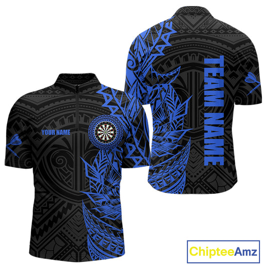Personalized Black And Blue Tribal Darts Polo & Quarter Zip Custom Dart Shirts For Men Dart Jersey TDM4826