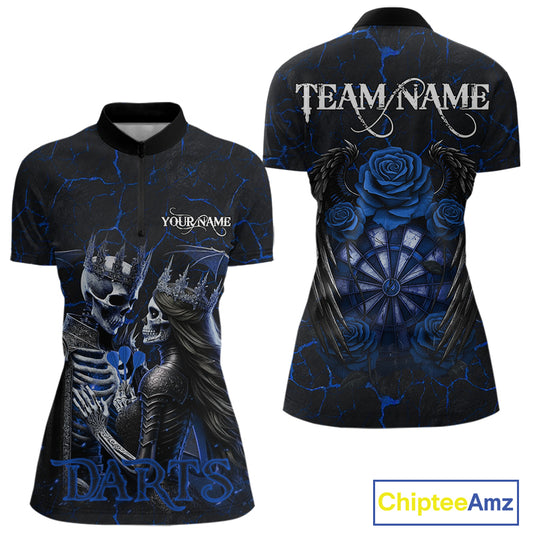 Personalized Skeleton Couple And Roses Gothic Darts Shirt For Women Custom Dart Jersey Outfit|Blue TDM5039