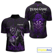Load image into Gallery viewer, Personalized Skeleton Couple And Roses Gothic Darts Shirt For Men, Darts Jersey Outfit | Purple TDM5040