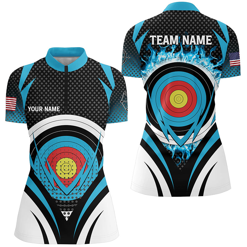 Blue Flaming Archery Target Board Custom Women Quarter-Zip Shirts, Archery Jerseys Uniform TDM0609
