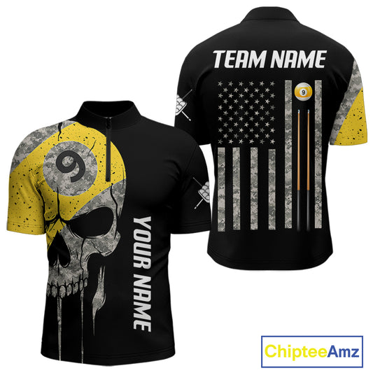 Personalized 9 Ball Camo Skull Billiard Shirt For Men, US Flag Pool Team Jerseys Polo & 1/4 Zip TDM5251