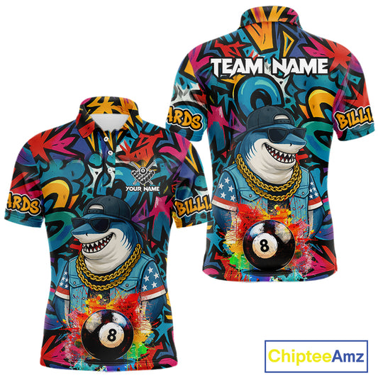 Funny Shark Colorful Graffiti 8 Ball Billiard Shirt For Men Custom Pool Jersey Polo & 1/4 Zip TDM6369