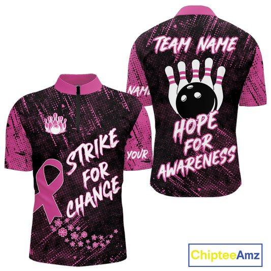 Strike For Change Pink Ribbon Custom Bowling Shirt For Men, Breast Cancer Awareness Bowling Jersey TDM4635