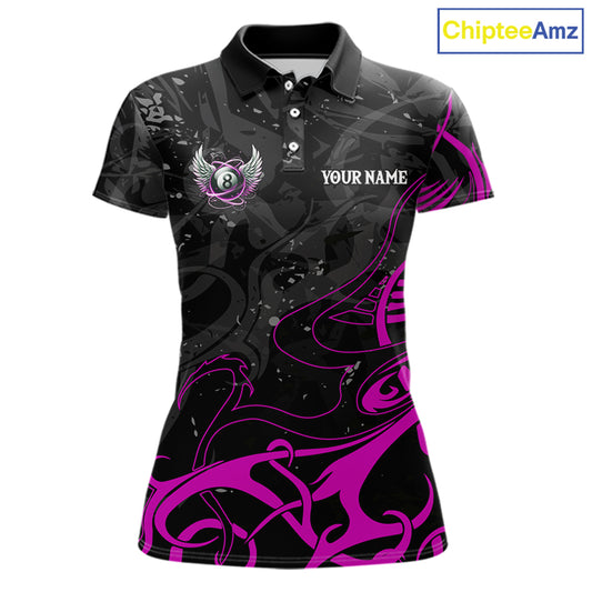 Black And Purple 8 Ball Wings Billiard Shirt For Women Custom Tribal Pool Jersey Team Polo & 1/4 Zip TDM5774