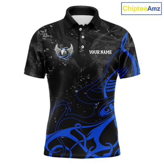 Black And Blue 8 Ball Wings Billiard Shirt For Men Custom Tribal Pool Jersey Team Polo & 1/4 Zip TDM5775